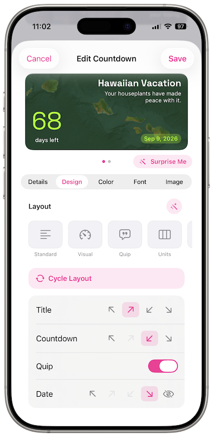 Countdown styling editor