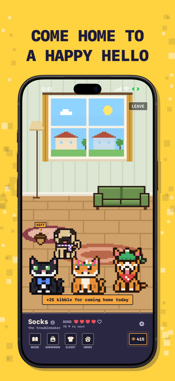 Come home to a happy hello: four dressed pets greeting you in the living room.