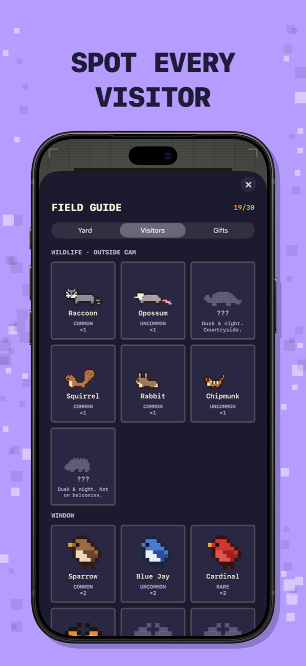 Spot every visitor: the Field Guide of wildlife and window birds.