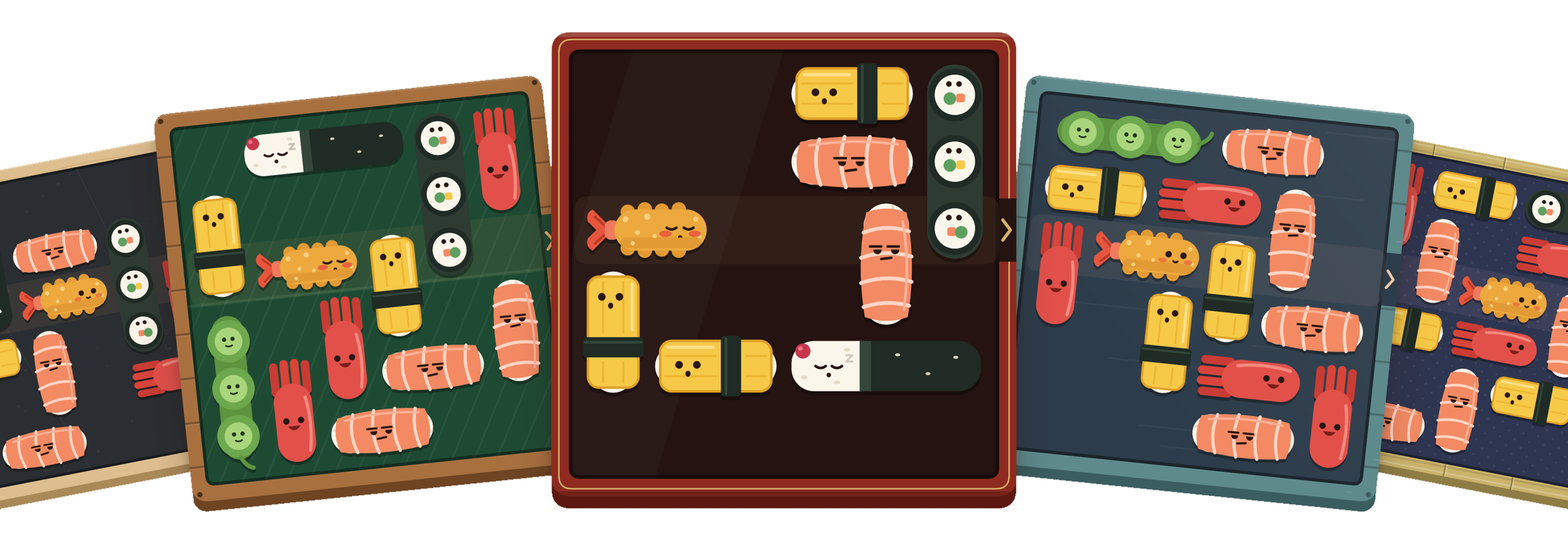 Five lunchbox boards in a row, each packed with sushi characters, with Ebi the tempura shrimp waiting by the exit.