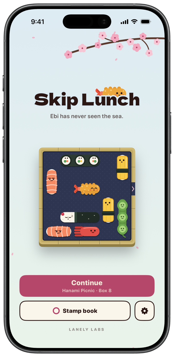 The Skip Lunch home screen: the title, a lunchbox of sushi on a bamboo tray under cherry blossoms, and a Continue button.